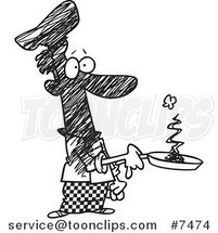 Cartoon Black and White Line Drawing of a Guy Holding a Smoking Frying Pan by Toonaday