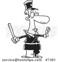 Cartoon Black and White Line Drawing of an Officer Gesturing to Stop and Whistling by Toonaday