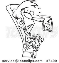 Cartoon Black and White Line Drawing of a Female Passenger with a Fear of Flight by Toonaday