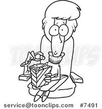 Cartoon Black and White Line Drawing of a Lady Eating Popcorn and Watching a Chick Flick by Toonaday