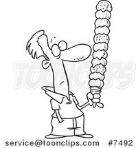 Cartoon Black and White Line Drawing of a Guy Holding a Huge Ice Cream Cone by Toonaday