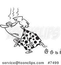 Cartoon Black and White Line Drawing of a Lady Experiencing Hot Flashes and Leaving Flame Steps by Toonaday