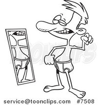 Cartoon Black and White Line Drawing of a Scrawny Guy Flexing by a Mirror by Toonaday