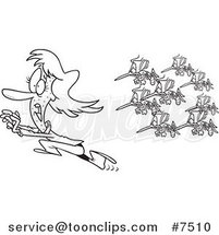 Cartoon Black and White Line Drawing of a Lady Running from a Swarm of Mosquitoes by Toonaday