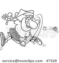 Cartoon Black and White Line Drawing of a Mrs Claus Playing Tennis by Toonaday