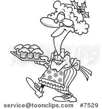 Cartoon Black and White Line Drawing of a Mrs Claus Baking Cupcakes by Toonaday