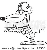 Cartoon Black and White Line Drawing of a Mouse Holding a Saw by Toonaday
