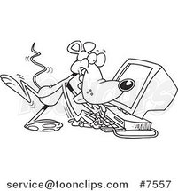 Cartoon Black and White Line Drawing of a Mouse Using a Computer by Toonaday