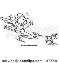 Cartoon Black and White Line Drawing of a Mouse Scaring a Lady by Toonaday
