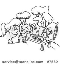 Cartoon Black and White Line Drawing of Children Serving Their Mom Breakfast in Bed by Toonaday