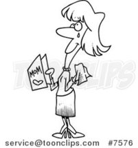 Cartoon Black and White Line Drawing of a Crying Mom Holding a Mothers Day Card by Toonaday