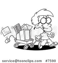 Cartoon Black and White Line Drawing of a Geeky Boy Moving His Computer in a Wagon by Toonaday