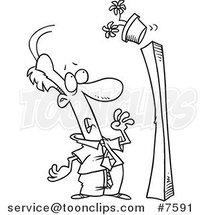 Cartoon Black and White Line Drawing of a Flower Pot Falling over onto a Business Man by Toonaday