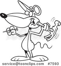 Cartoon Black and White Line Drawing of a Mouse Holding a Hammer by Toonaday