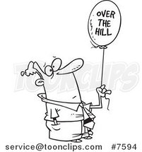 Cartoon Black and White Line Drawing of a Guy Holding an over the Hill Balloon by Toonaday