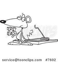Cartoon Black and White Line Drawing of a Mouse Holding Cheese by a Trap by Toonaday