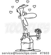 Cartoon Black and White Line Drawing of a Sweet Guy Holding out Flowers by Toonaday