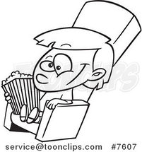 Cartoon Black and White Line Drawing of a Girl with Movie Popcorn by Toonaday