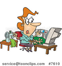 Cartoon Lady Sewing and Working at the Same Time by Toonaday