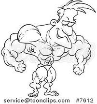Cartoon Black and White Line Drawing of a Bodybuilder Flexing by Toonaday