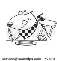 Cartoon Black and White Line Drawing of a Hungry Muskrat at a Table by Toonaday