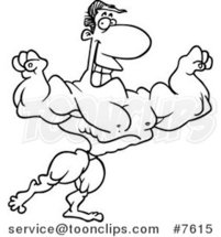 Cartoon Black and White Line Drawing of a Fleding Bodybuilder by Toonaday