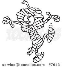Cartoon Black and White Line Drawing of a Dancing Mummy by Toonaday