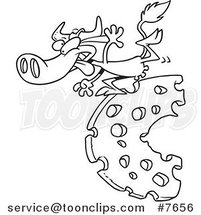 Cartoon Black and White Line Drawing of a Cow Running on Cheese by Toonaday