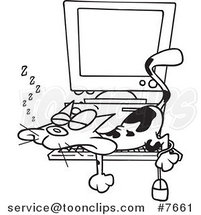 Cartoon Black and White Line Drawing of a Calico Cat Napping on a Keyboard by Toonaday