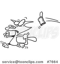 Cartoon Black and White Line Drawing of a Can Flying at a Cat by Toonaday