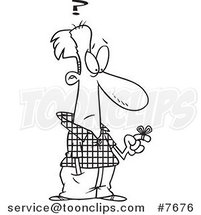 Cartoon Black and White Line Drawing of a Reminder String on a Forgetful Guy's Finger by Toonaday