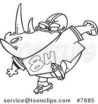 Cartoon Black and White Line Drawing of a Football Rhino by Toonaday