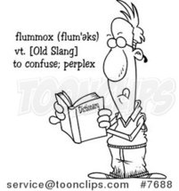 Cartoon Black and White Line Drawing of a Guy Reading the Definition of Flummox in the Dictionary by Toonaday