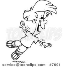 Cartoon Black and White Line Drawing of a Boy Flapping His Arms and Flying by Toonaday