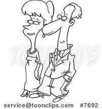 Cartoon Black and White Line Drawing of a Formal Couple Walking by Toonaday