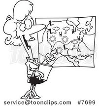 Cartoon Black and White Line Drawing of a Weather Girl Reading the Forecast by Toonaday