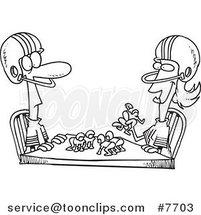 Cartoon Black and White Line Drawing of a Husband and Wife Playing Table Football by Toonaday