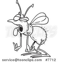Cartoon Black and White Line Drawing of a Tired House Fly by Toonaday