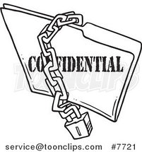 Cartoon Black and White Line Drawing of a Chain and Lock over a Confidential Folder by Toonaday