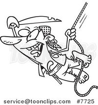 Cartoon Black and White Line Drawing of an Attacking Pirate Swinging on a Rope by Toonaday