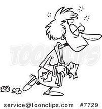 Cartoon Black and White Line Drawing of a Flu Sick Lady Dropping Tissues by Toonaday