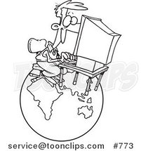 Cartoon Line Art Design of a Business Man Working on a Computer over a Globe by Toonaday