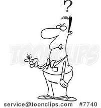 Cartoon Black and White Line Drawing of a Reminder String on a Forgetful Guy's Finger by Toonaday