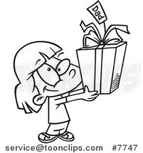 Cartoon Black and White Line Drawing of a Cute Girl Holding a Fathers Day Gift by Toonaday