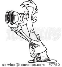 Cartoon Black and White Line Drawing of a Business Man Viewing the Forecast Through Binoculars by Toonaday