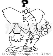 Cartoon Black and White Line Drawing of a Reminder String on a Forgetful Elephant's Finger by Toonaday
