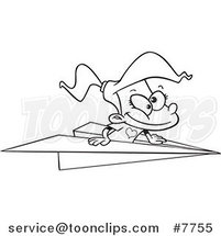 Cartoon Black and White Line Drawing of a Girl Flying in a Paper Plane by Toonaday