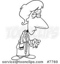 Cartoon Black and White Line Drawing of a Lady Sick with the Flu by Toonaday