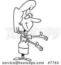 Cartoon Black and White Line Drawing of a Forgiving Lady by Toonaday