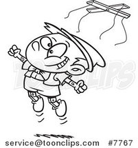 Cartoon Black and White Line Drawing of a Free Wooden Puppet Boy Jumping by Toonaday